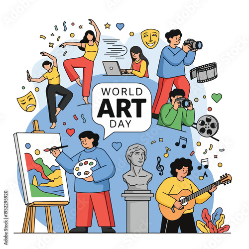 Diverse art forms are celebrated in this colorful, illustrative composition