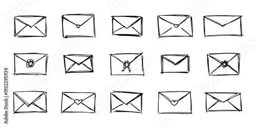 Set of hand drawn envelope with letter inside Mail and correspondence doodle Love, communication, invitation Single element for design, print, decor