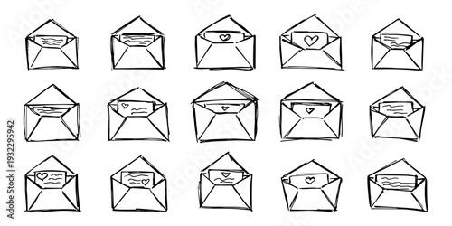 Set of hand drawn envelope with letter inside Mail and correspondence doodle Love, communication, invitation Single element for design, print, decor