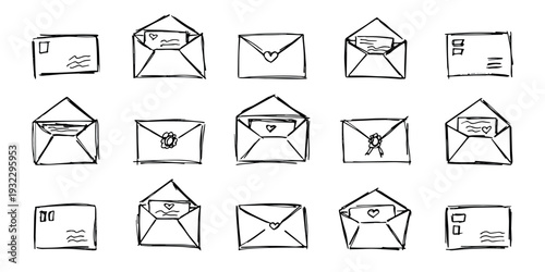 Set of hand drawn envelope with letter inside Mail and correspondence doodle Love, communication, invitation Single element for design, print, decor