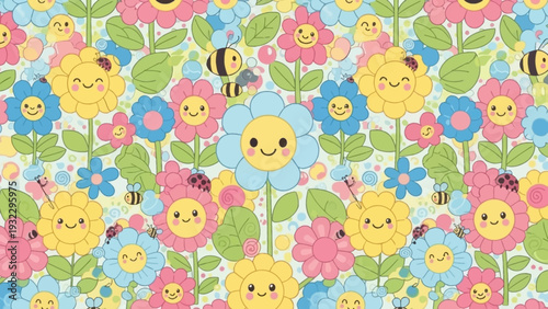 Cute kawaii flowers with bees and ladybugs a sweet cartoon pattern illustration