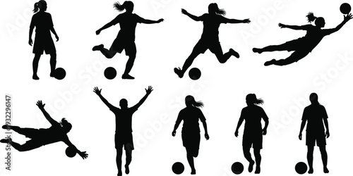 Soccer player silhouette collection showing football actions, kicking, jumping, diving and ball control isolated on white background illustration