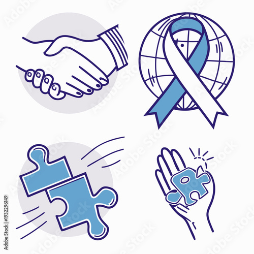 Global healthcare icons collection with blue awareness ribbon and globe and puzzle pieces and handshake for international medical support themes