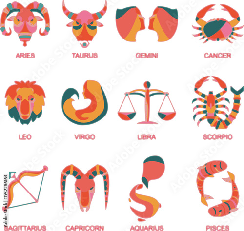 A colorful set of stylized zodiac icons representing the twelve astrology signs, arranged in rows with bold shapes and bright modern colors on a white background.