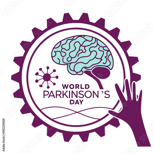 World parkinson day poster design with purple gear border and brain anatomy illustration and reaching hand for neurological health awareness event
