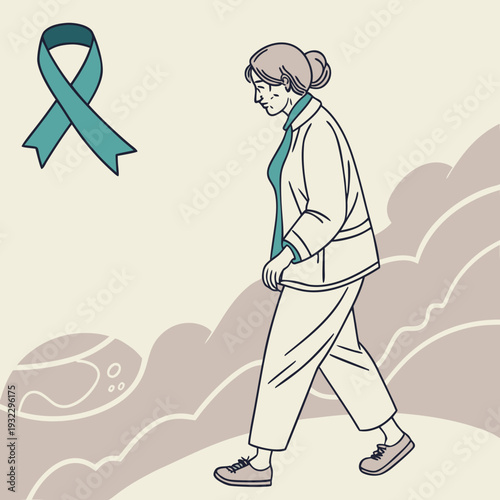 World parkinson s day illustration showing an elderly woman walking with a medical awareness ribbon for support