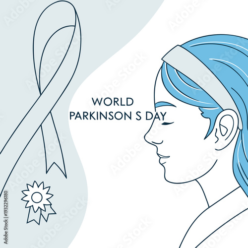 World parkinson s day illustration with a woman s profile, a light blue awareness ribbon, and a decorative rosette