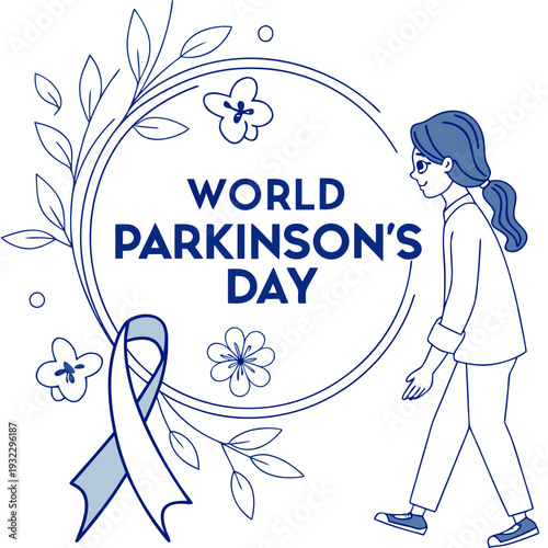 World parkinsons day awareness ribbon girl walking floral wreath and circular frame symbolizing hope and life journey overcoming challenges