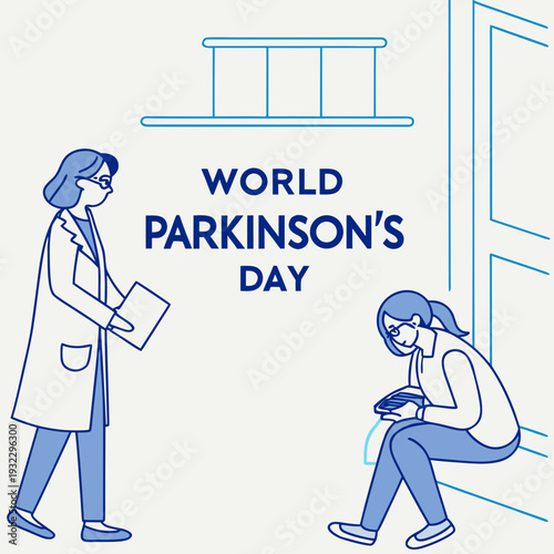 Doctor checking on patient in hospital waiting room for world parkinson day awareness campaign focused on medical assistance and clinical support