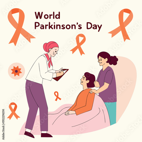 Medical team providing care to elderly patient in bed surrounded by orange awareness ribbons during world parkinson day celebration and education