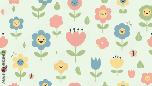 Cute kawaii floral pattern with happy smiling flowers and ladybugs on a pastel green background, springtime illustration