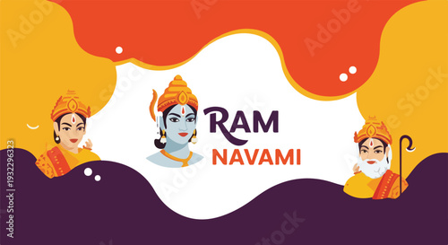Festive graphic with Hindu figures, lettering, and abstract shapes