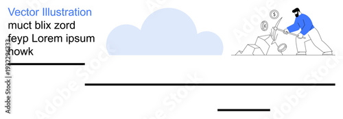 Financial technology, digital currency, data mining, cloud storage, wealth management, virtual banking. A man digging into a pile of rocks for money symbols. Financial technology and digital currency