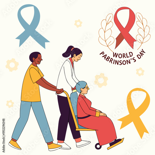 People helping elderly woman in wheelchair, doctor and man pushing patient, world parkinson day awareness ribbons