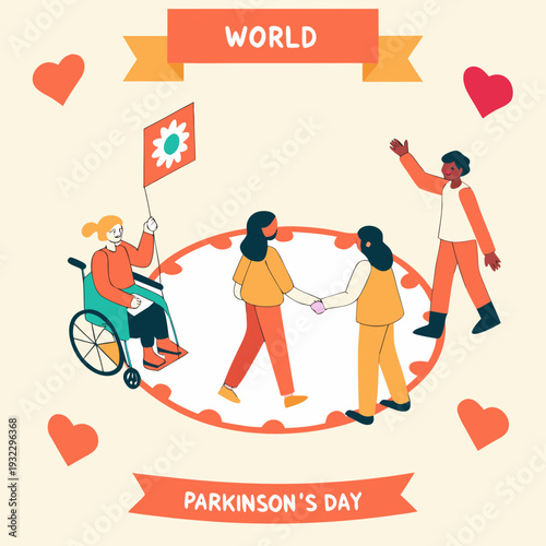 People celebrating world parkinson day, woman in wheelchair holding flag, others walking and shaking hands, hearts background