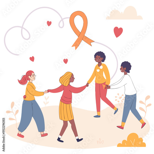 Women holding hands in circle around orange awareness ribbon, symbolizing unity and support for disease awareness, happy outdoor gathering