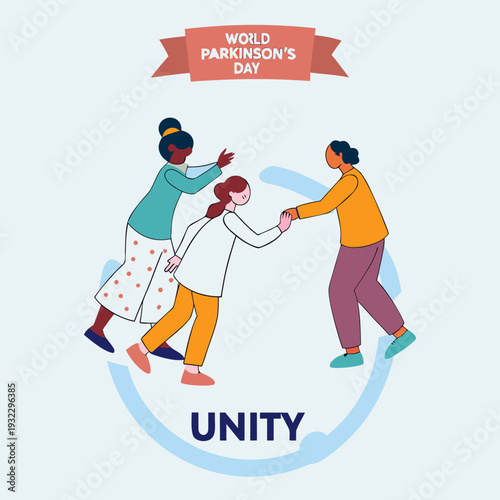 Three diverse women forming a circle with hands joined, showing unity and strength for world parkinsons day, unity text emphasized