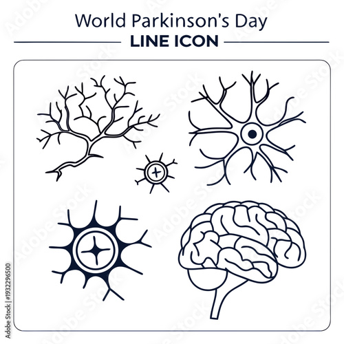 World parkinson's day line icon set: diverse neuron cells and detailed human brain diagram, simple medical illustrations