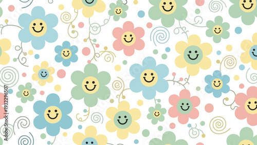 Cute smiling flower seamless pattern with pastel colors on a white background, perfect for kids' designs and cheerful decor