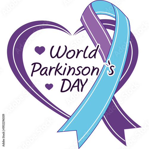 World Parkinson's Day heart symbol with blue and purple ribbon representing support and awareness for the neurological condition