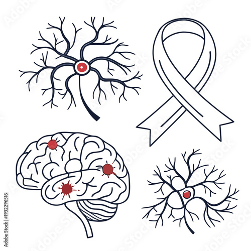 Parkinson's disease concept: neuron cells with red cores, detailed human brain with highlighted areas, and awareness ribbon