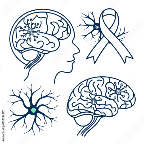 Parkinson's disease illustration: human brain and head silhouettes, neuron cells with highlighted core, and awareness ribbon