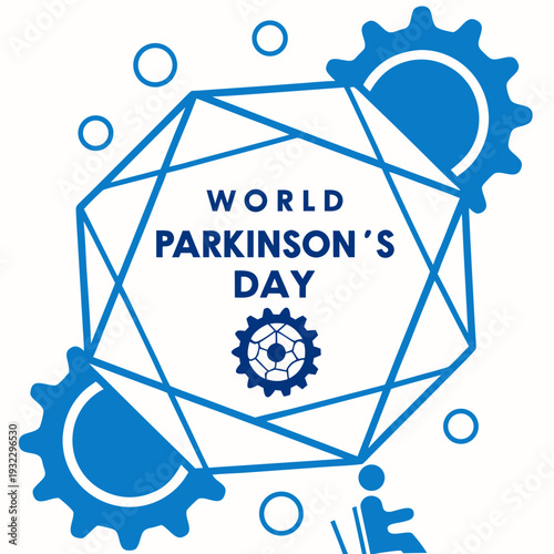 World parkinsons day graphic with gears and geometric lines surrounding medical text for brain health awareness and neurological research concepts