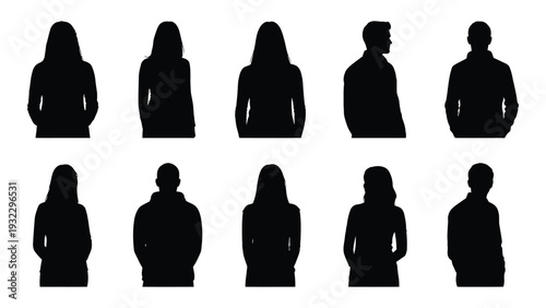 A group of people silhouettes standing in two rows isolated on white background, Vector