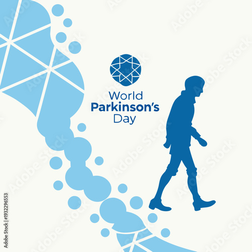 World parkinsons day design featuring man walking silhouette and abstract blue bubble trail for medical movement awareness and health education vector
