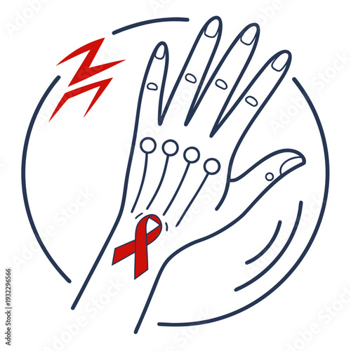 Parkinson disease awareness. hand with tremor and red ribbon symbol of support for patients, neurological disorder concept