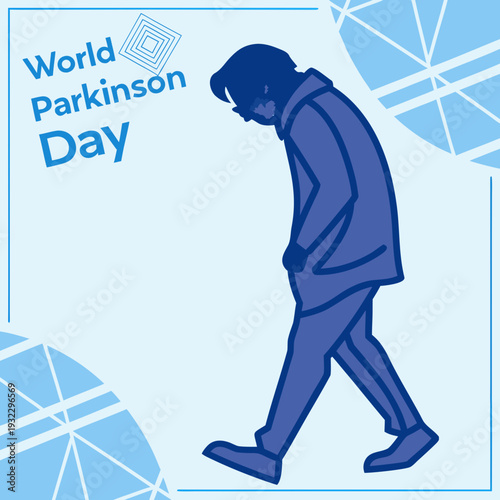 World parkinson day illustration. person with parkinson disease walking with hunched posture, difficulty with movement, and tremor