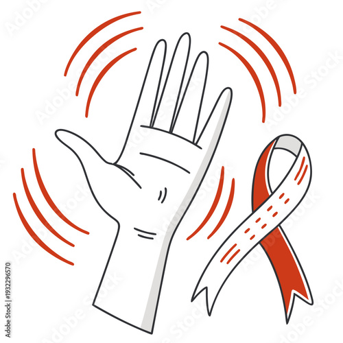 Parkinson disease awareness. hand with tremor and red ribbon symbol of support for patients, neurological disorder concept