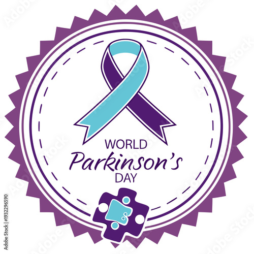 World Parkinson's Day badge with purple and blue ribbon and puzzle piece