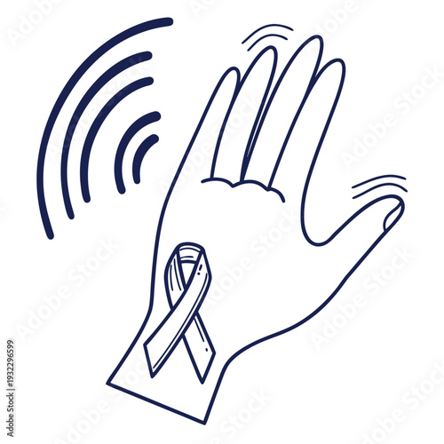 Hand tremor illustration with movement lines and awareness ribbon for parkinson disease campaign isolated on white background in simple line style