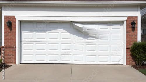 Residential white garage door bent and damaged with large structural dent showing home maintenance and repair issue in suburban driveway