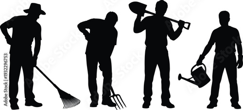 Gardener silhouette set working with tools, men performing gardening and landscaping tasks illustrating agriculture, outdoor labor and yard work