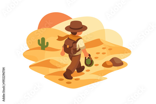 Adventurer walking through a desert landscape illustration.
