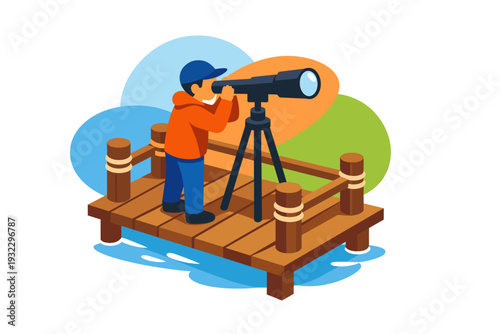 Boy with Telescope on Wooden Pier Looking Out.