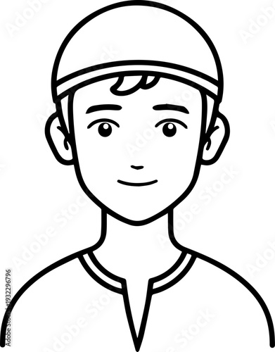 Smiling boy wearing traditional Muslim clothing and kufi cap