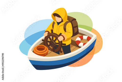Fisherman steering boat with life preserver and backpack.