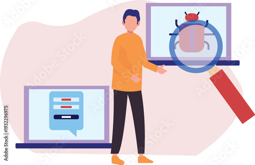 The boy is searching bug virus on laptop.