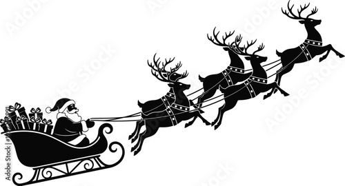 Santa Claus sleigh silhouette with flying reindeer, Christmas night holiday illustration for winter celebration, festive decoration and seasonal design