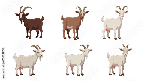 Collection of Cartoon Goats in Various Colors. Diverse Farm Animal Illustrations on White Background.