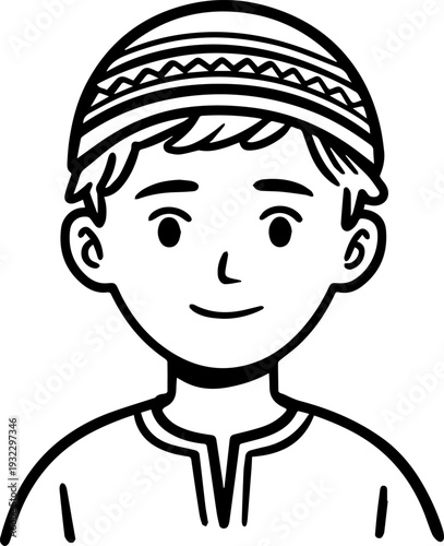 Smiling boy wearing traditional Muslim clothing and kufi cap