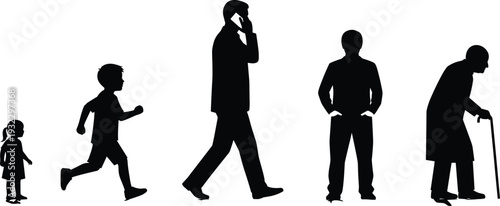 Human life stages silhouette set showing growth from child to elderly man, black figures illustrating age progression and lifecycle concept