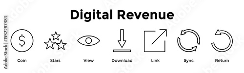 Digital Revenue Banner Web Icon Vector Illustration Concept For Coin, Stars, View, Download, Link, Sync, Return