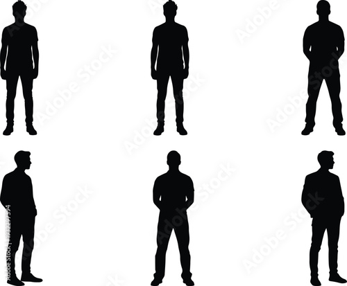 Set of six male silhouettes in various casual and formal poses, including standing, hands in pockets, and facing sideways on white.