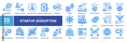 Startup Disruption icon set illustrating startup ecosystems,entrepreneurship,agile strategy,customer-centric growth,funding,scalability,remote work,and modern business innovation in disruptive markets