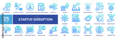 Startup Disruption icon set illustrating startup ecosystems,entrepreneurship,agile strategy,customer-centric growth,funding,scalability,remote work,and modern business innovation in disruptive markets