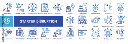 Startup Disruption icon set illustrating startup ecosystems,entrepreneurship,agile strategy,customer-centric growth,funding,scalability,remote work,and modern business innovation in disruptive markets